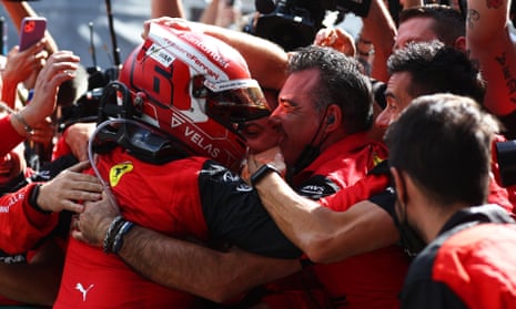 Charles Leclerc of Monaco and Ferrari celebrates in parc ferme after winning the Austrian Grand Prix.