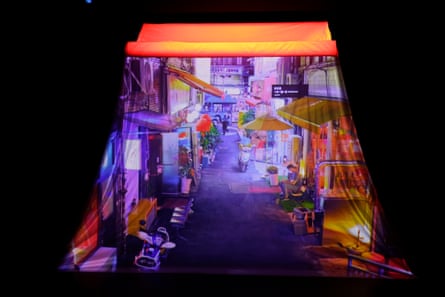The set for Haribo Kimchi with projected scenes from South Korea