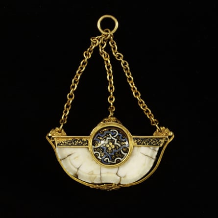 The Danny Jewel pendant, enamelled gold and a section of narwhal's tusk, England, c 1550.