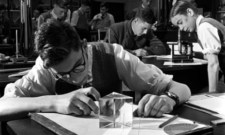 Pupils during a physics lesson, Manchester Grammar School, 1950.
