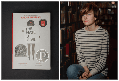 Left: The Hate You Give Book Right: Portrait of a young teenager wearing a striped shirt