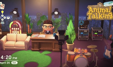 Gary Whitta’s Animal Crossing character sits in the virtual environment he built for his online talk show.