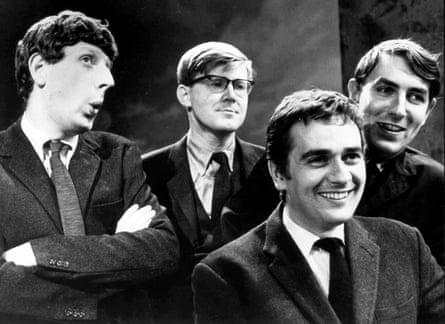 Peter Cook, right, with the cast of Beyond the Fringe, from left, Jonathan Miller, Alan Bennett, and Dudley Moore in 1964.