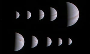 A montage of 10 JunoCam images shows Jupiter growing and shrinking in apparent size before and after NASA’s Juno spacecraft made its closest approach on 27 August.