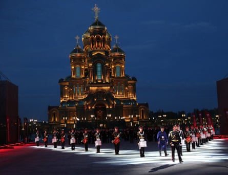 A Russian military band march in front of the cathedral during a military music festival in September.