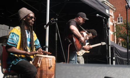Connected … Lamin Joof, Oliver Seager and Elisha Millard at the Windrush festival.