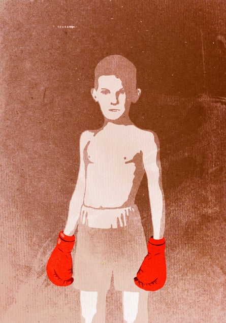 portrait illustration of child with boxing gloves.