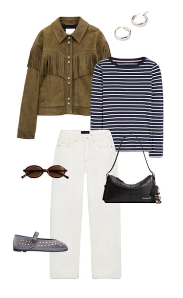 A composite image of a khaki suede fringed jacket, silver hoop earrings, navy and white breton long sleeve top, white straight leg jeans, tortoiseshell sunglasses, black leather shoulder bag and grey embellished flat shoes on a white background.