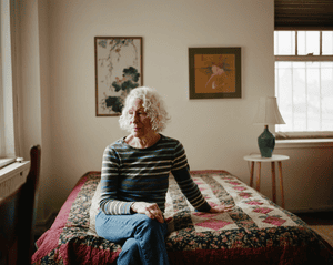 An older woman with white curly hair sits on a bed with a quilt.