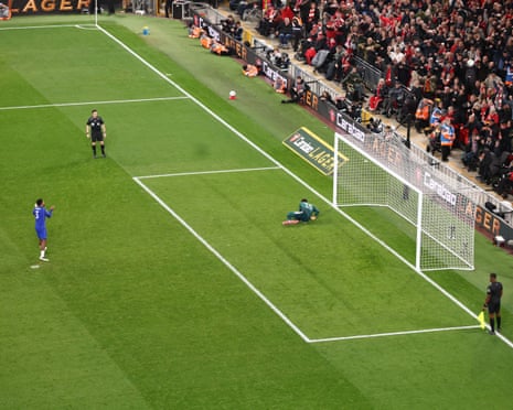 Wesley FofanaâÂÂs penalty heads towards the crowd during the Carabao Cup match between Liverpool and Chelsea