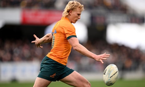 Wallabies livewire Carter Gordon punishes the All Blacks with a 50:22 kick in the Bledisloe Cup match between New Zealand and Australia in Dunedin.