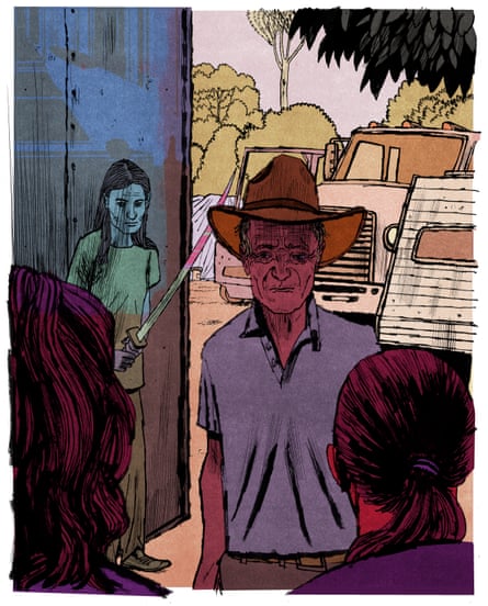 An illustration of an older man in a hat speaking with younger people while one stands behind him with an unsheathed sword.