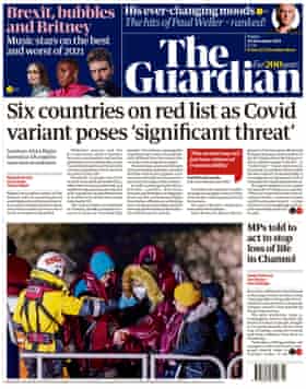 Première page du Guardian, 26 novembre 2021