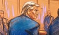 Pastel drawing of scowling man in blue suit seen from behind.