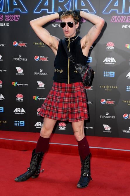 Kirin J Callinan in a kilt on the red carpet outside the Aria awards on 28 November.