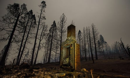 The smoldering remains of a structure where the Creek fire tore through in Fresno county, California.