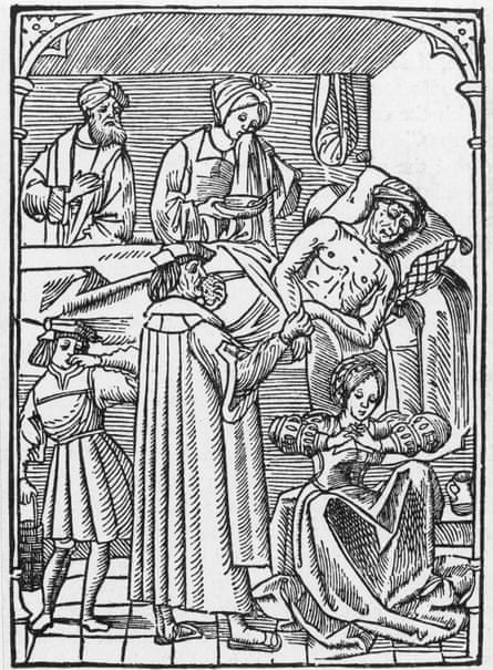 ‘Infectious fevers’ … a 16th century woodcut shows a physician visiting a plague victim.