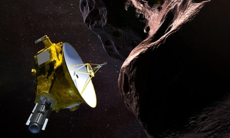 An illustration of the New Horizons spacecraft encountering 2014 MU69 – nicknamed Ultima Thule – a Kuiper belt object that orbits 1bn miles beyond Pluto.