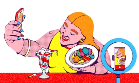 Illustration showing a woman in a restaurant taking a selfie with her food, illuminated by her own light ring