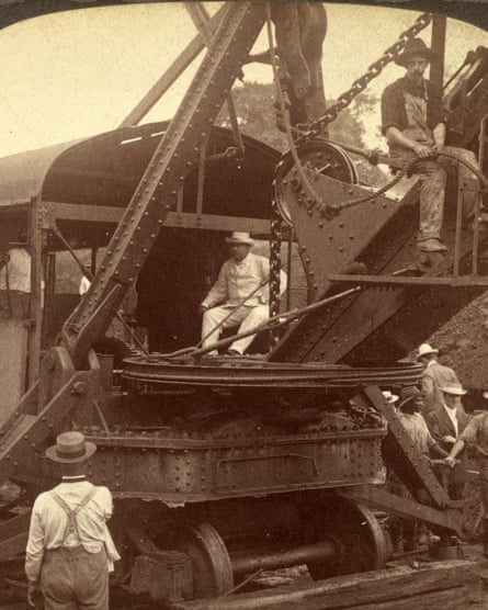 President Roosevelt sits in an American steam-shovel at Culebra Cut, on the Panama Canal in 1906.
