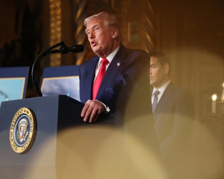 Donald Trump announces the navy’s ‘Golden Fleet’, at Mar-a-Lago in Palm Beach, Florida, on Monday.