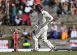 Foakes knocks the ball onto his own stumps.