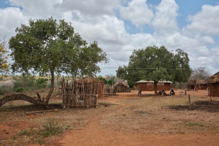 Adobe houses with straw roofs scattered among trees on red dirt ground.
