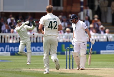 The Australia wicketkeeper Alex Carey throws the ball at the stumps to dismiss England’s Jonny Bairstow at Lord’s in 2023