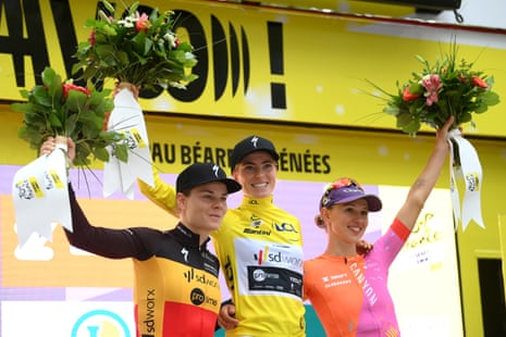 Tour de France Femmes 2023 podium. Left to right: Kopecky (second), Vollering (first) and Niewiadoma (third).