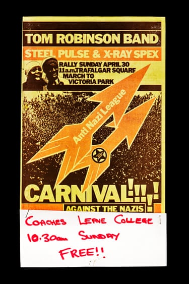 Anti-Nazi League Carnival poster, 1978 Designer David King’s achieved his ambition to create ‘a visual style for the left’. In his work for the Anti-Nazi League. On 30 April 1978, a march from Trafalgar Square to Victoria Park, Hackney drew a crowd of 80,000, protesting at the rise of the far right National Front.1970s . The event culminated in a concert, ‘secretly’ headlined by The Clash, whose lead singer, Joe Strummer, wore a t-shirt bearding the machine-gun logo of the Red Army Faction, aka the extreme leftist Baader-Meinhoff Gang.