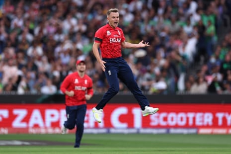 Sam Curran of England celebrates after taking the wicket of Muhammad Rizwan of Pakistan.