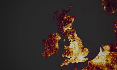 A Strava heat map of the UK.