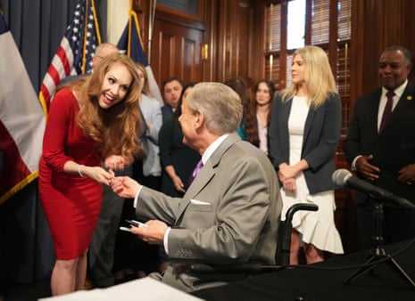 Texas governor Greg Abbott and Mandy Drogin of the Texas Public Policy Foundation – which began attacking ESG in 2020 – at a bill signing on 12 June 2023.