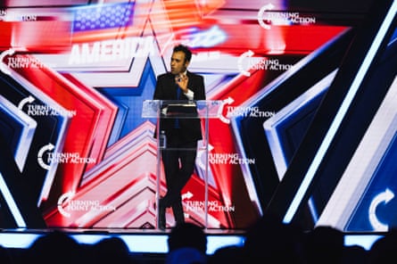 Vivek Ramaswamy speaks during the fTurning Point USA summit in Phoenix, Arizona, on Friday.