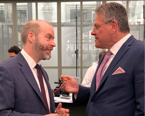 British trade secretary Jonathan Reynolds and European Commission vice president Maros Sefcovic at the European Policy Centre conference in Brussels 5 June