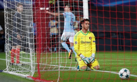 Feyenoord’s Brad Jones looks dejected after Manchester City’s John Stones scored their fourth goal.