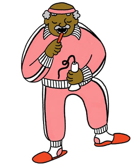 Older man brushing teeth in tracksuit on one leg