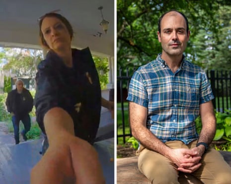 a composite image showing a woman ringing a doorbell on the left and a man on the right
