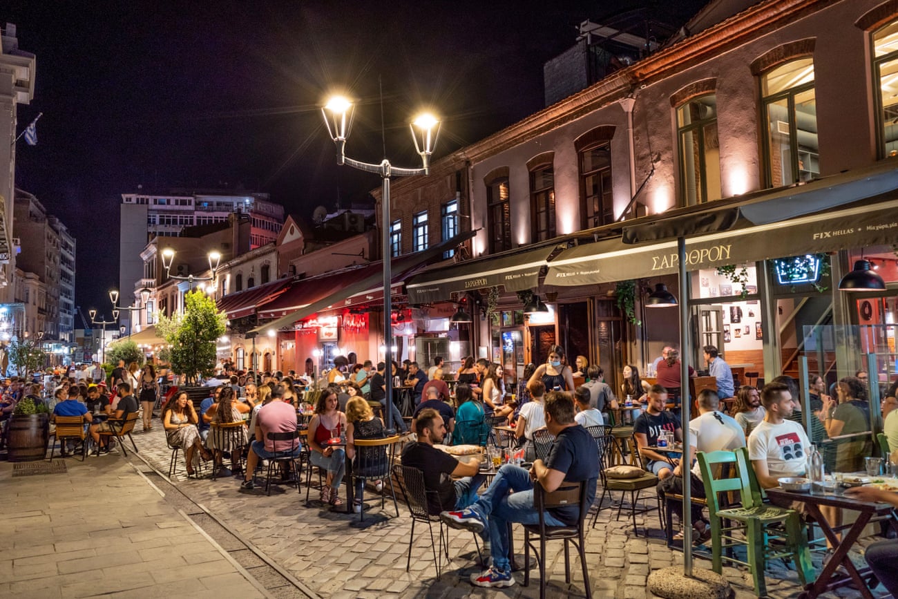 Bars and restaurants in the popular Ladadika district of Thessaloniki, northern Greece.