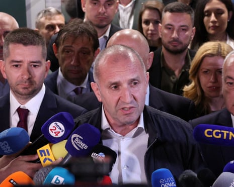 Rumen Radev, former Bulgarian president and leader of Progressive Bulgaria coalition, speaks to the media after the first exit polls at the parliamentary election in Sofia, Bulgaria.