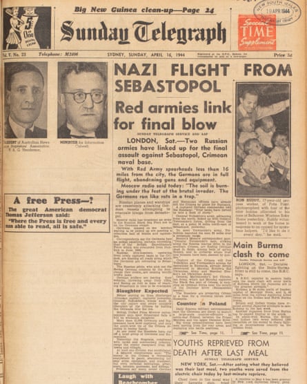 The front page of the Sunday Telegraph with blank spaces indicating areas where stories had been censored on 16 April 1944.