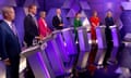 Participants in the BBC election debate, left to right: Nigel Farage, Reform; Rhun ap Iorwerth, Plaid Cymru; Daisy Cooper, Liberal Democrats; Stephen Flynn, SNP; Carla Denyer, Green party; Angela Rayner, Labour; Penny Mordaunt, Conservatives.