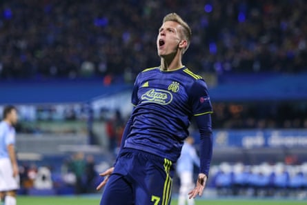 Dani Olmo after scoring for Dinamo against Manchester City in December 2019.