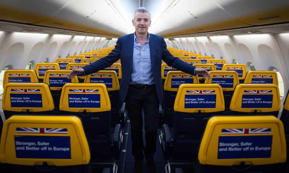 Ryanair chief executive Michael O’Leary inside an empty Ryanair cabin