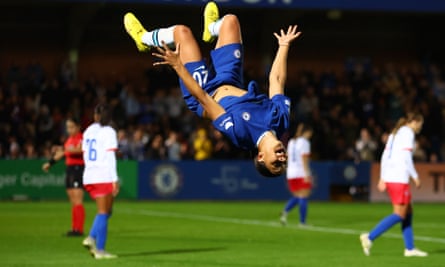 Sam Kerr celebrates her hat-trick goal against Vllaznia with a backflip.