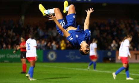 Samantha Kerr celebrates in style after scoring Chelsea’s fifth.