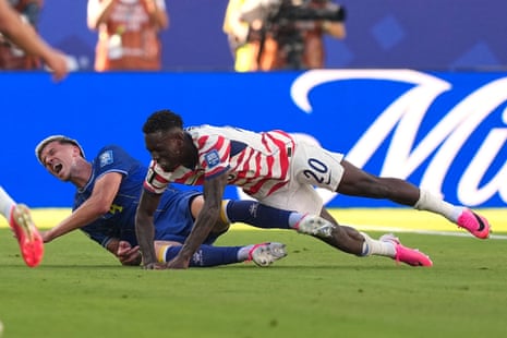 Folarin Balogun is given a red card the challenge on Tarik Muharemovic. It looked accidental but the referee says otherwise.