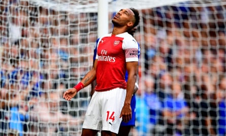 Pierre-Emerick Aubameyang reacts after missing an open goal. Less than a minute later Chelsea were 2-0 up.