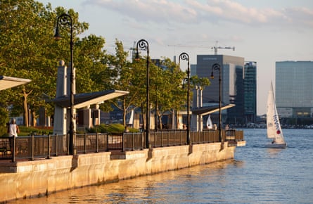 The waterfront sea wall at Piers Park in East Boston.
