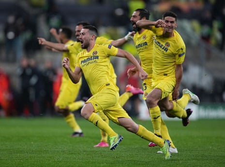 Villarreal players celebrate after winning the Europa League.